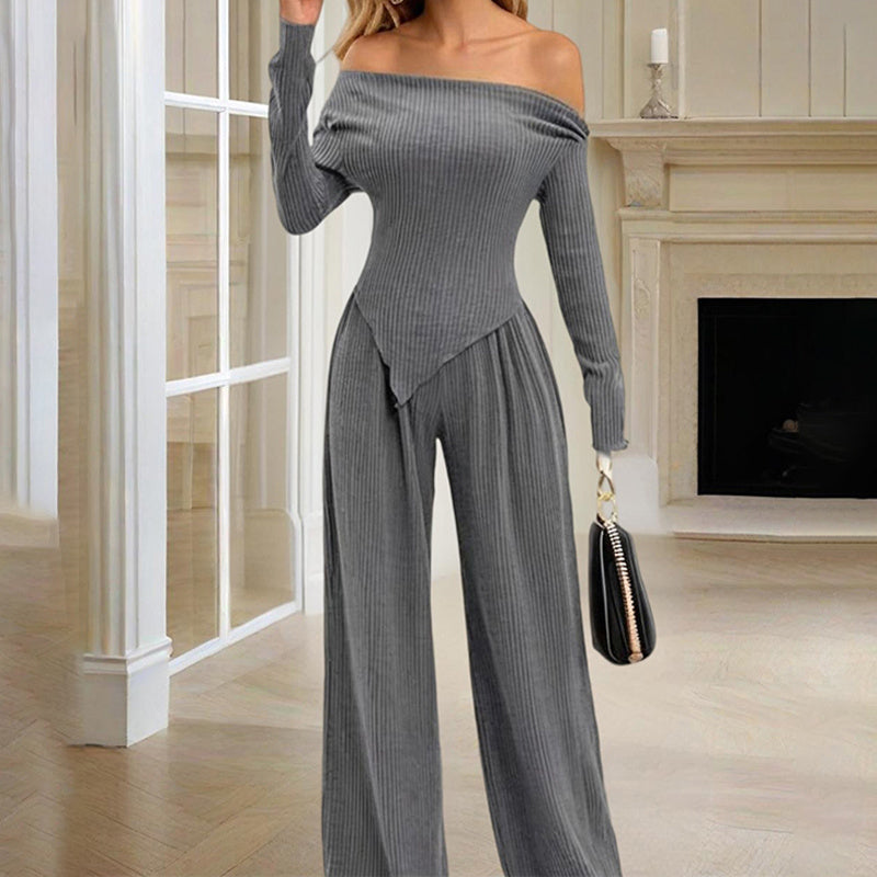 Gray ribbed women's off-shoulder lounge set with long sleeves and wide-leg pants