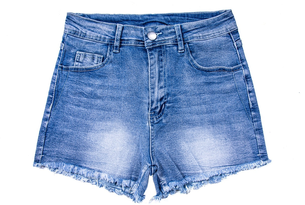 Blue womens ripped jean shorts with frayed hem and front pockets for casual summer wear