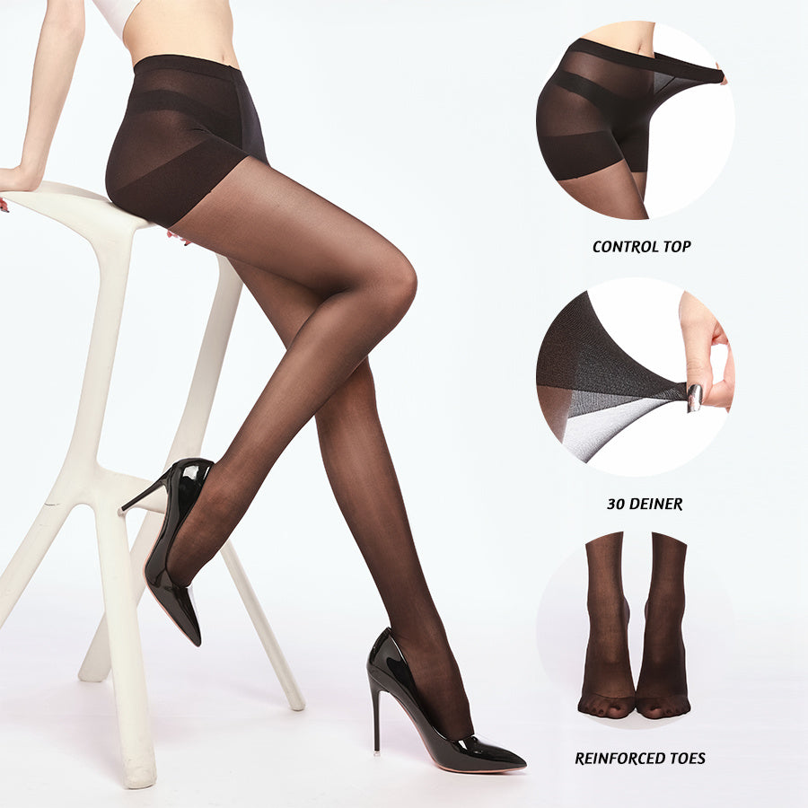 Women's sheer tights 20 denier in black with control top and reinforced toes, modeled with black heels