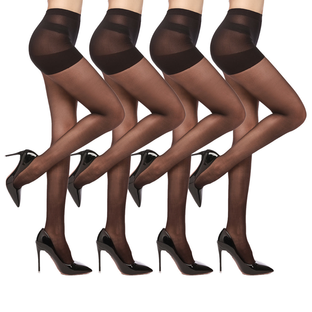 Set of four black women's sheer tights 20 denier worn with high heels showcasing smooth and translucent fabric