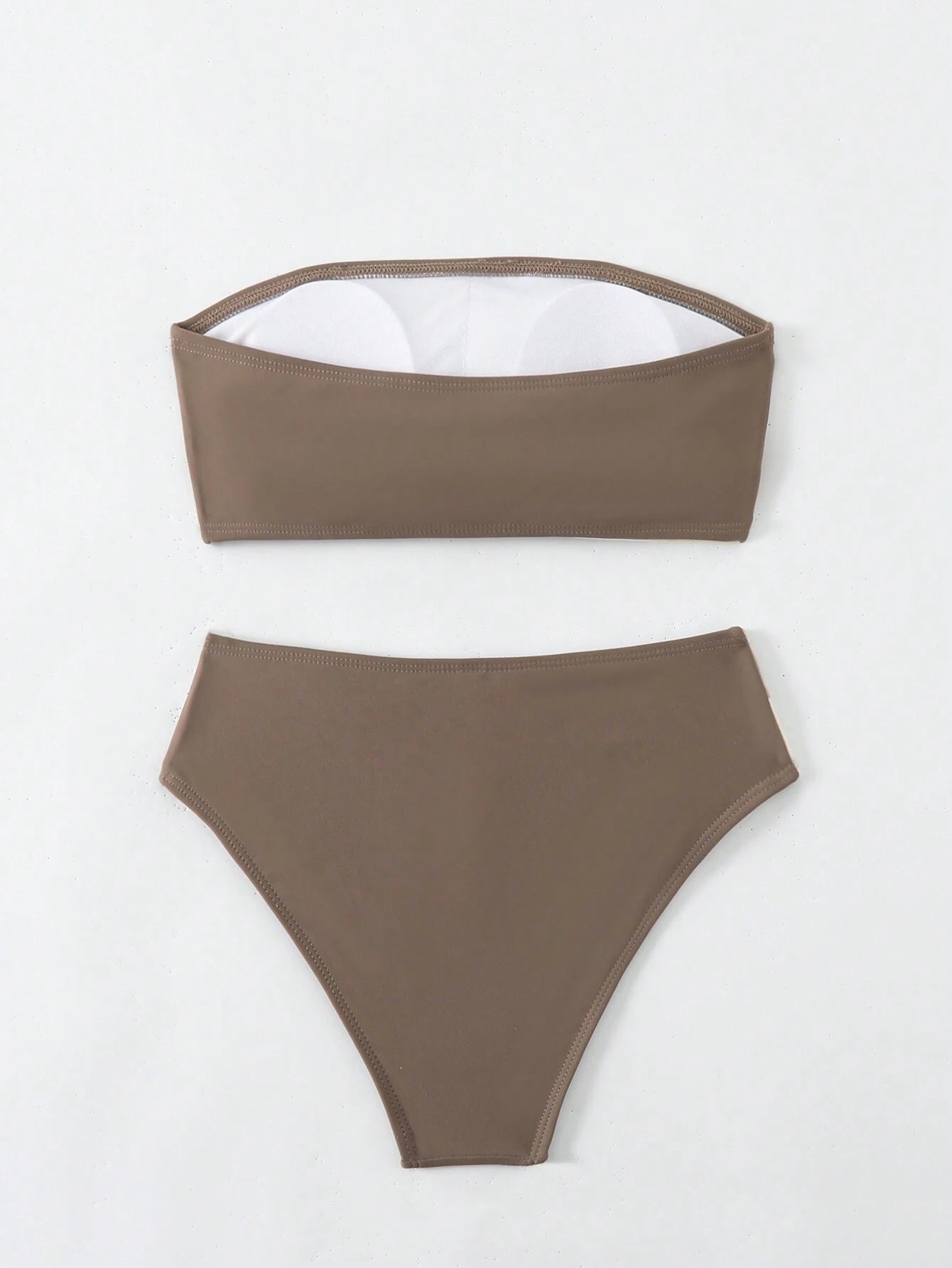 Brown women's two-piece swimsuit with bandeau top and high-waisted bottoms on white background