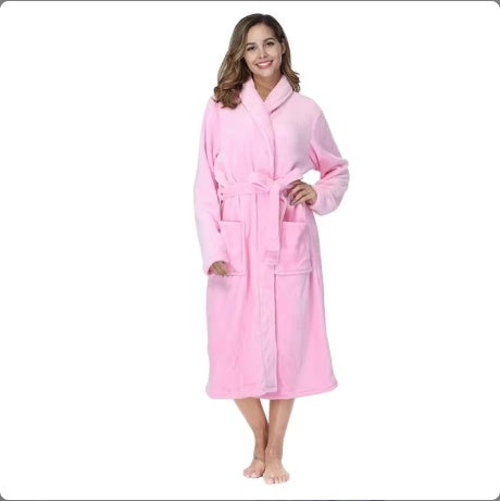 Soft pink women's winter flannel bathrobe with belt and pockets for cozy warmth