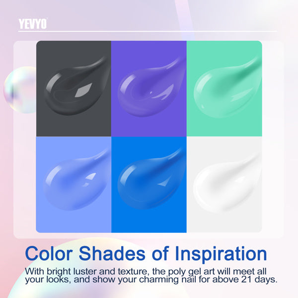 LUNIVA CARE USA 6-in-1 polygel nail set showing six vibrant color shades with bright luster and texture