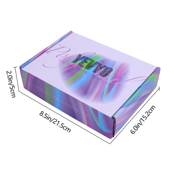 LUNIVA CARE USA 6-in-1 polygel nail set box with holographic design and product dimensions