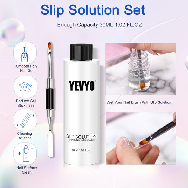 6-in-1 polygel nail set slip solution bottle with dual-ended nail brush for smooth application and cleaning