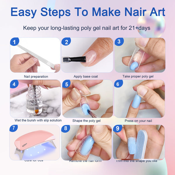Step-by-step process of using LUNIVA CARE USA 6-in-1 polygel nail set for long-lasting blue nail art
