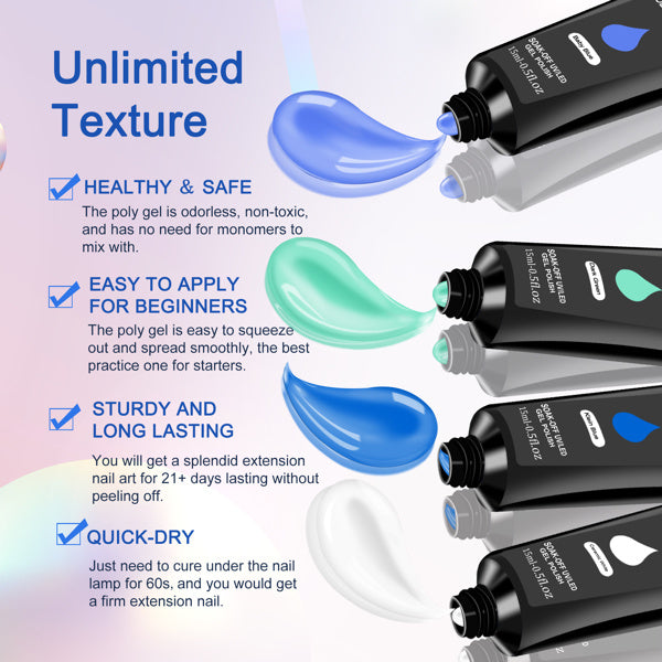 LUNIVA CARE USA 6-in-1 polygel nail set with blue, green, and white colors showing smooth texture and easy application